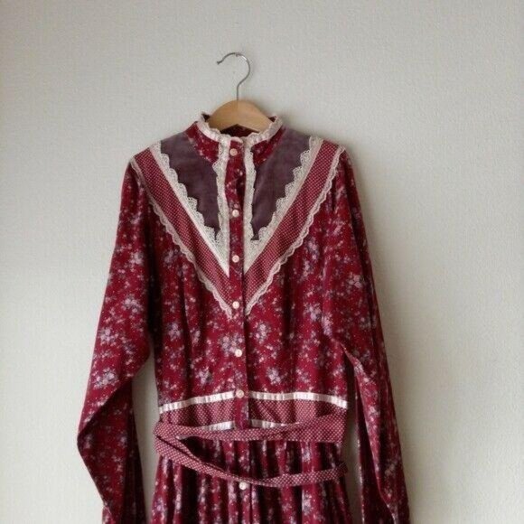 Gunne Sax Red Floral Print Button Midi Dress Rare - Picture 3 of 3